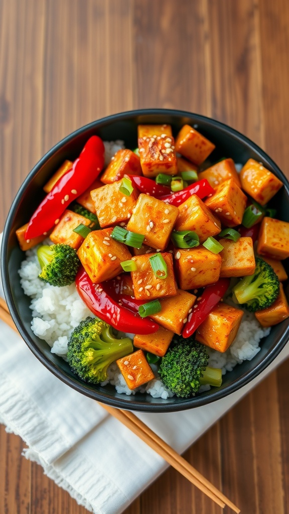 Colorful Szechuan tofu and veggie stir-fry with rice, garnished with green onions and sesame seeds on a wooden table.